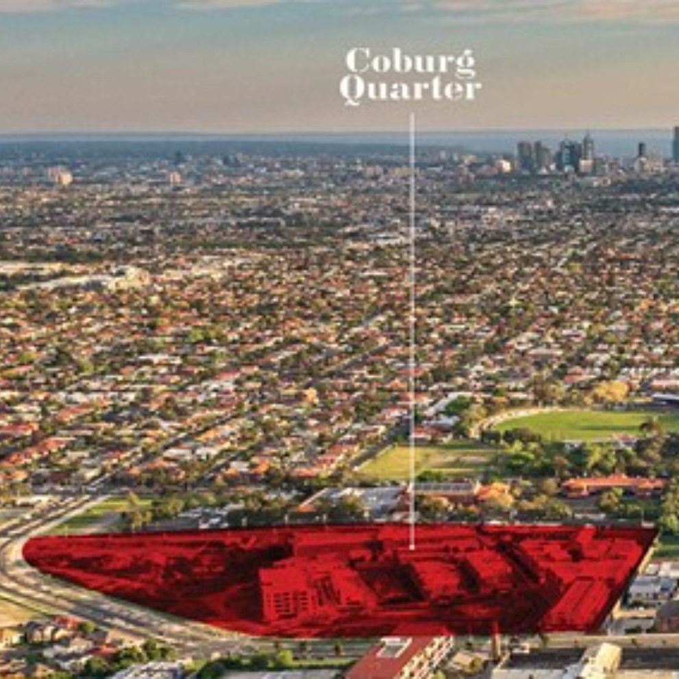 Area of Coburg Quarter highlighted in red on view of suburb